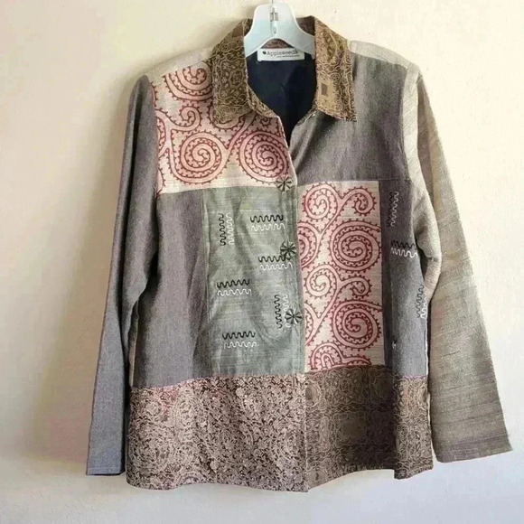 Vintage silk blend patchwork tapestry shaket lightweight jacket blazer medium - Picture 13 of 13